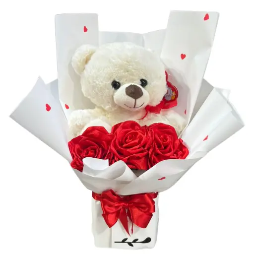 Ramo white peluche y rosas rojas de raso